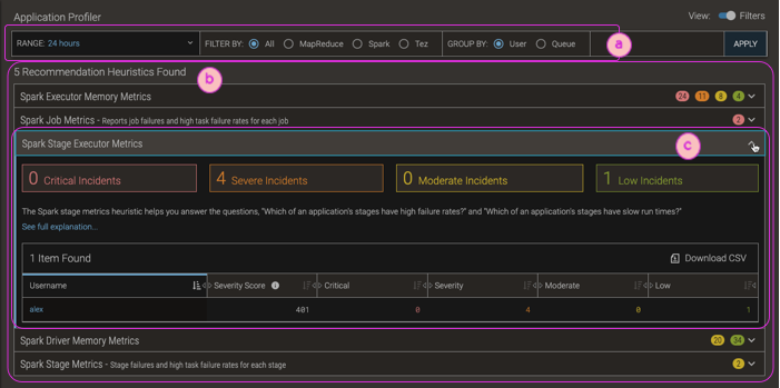 Screenshot of Application Profiler report with callouts of its features