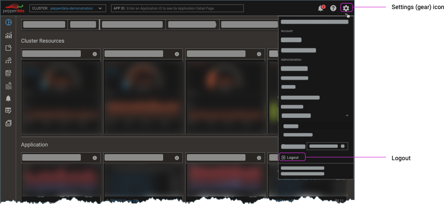 Screnshot of the gear navigation menu, with callout for Logout option