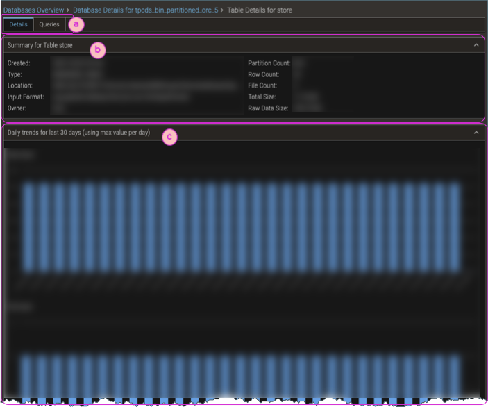 Screenshot of Table Details Page with callouts of its features